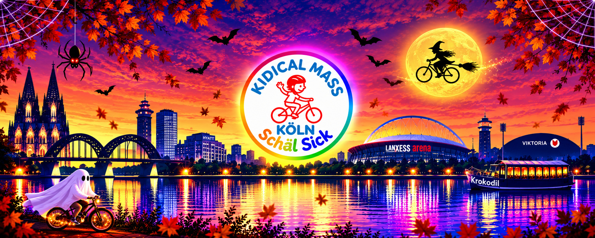 Halloween Kidical Mass Köln Schäl Sick mit Kölner Skyline, Mond, Hexe und Fahrradgeist